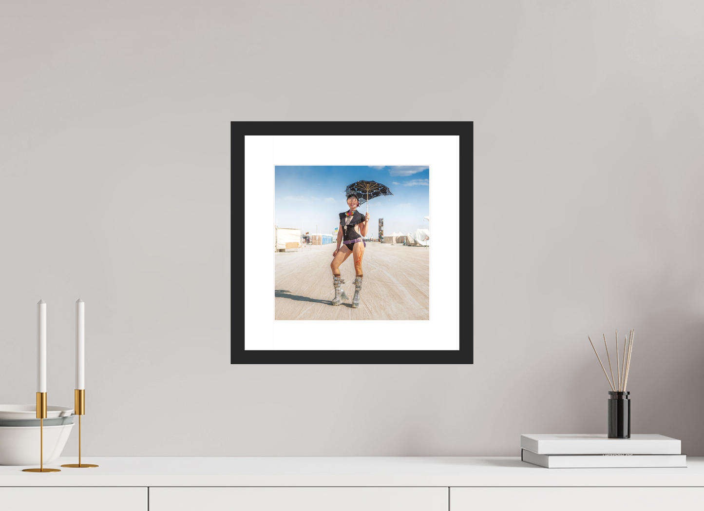 10 x 10″, Solid 0.8" Black Wood Frame With 2" Natural White Passe-Partout with Museum Glass Burning Man - Attendee with Parasol