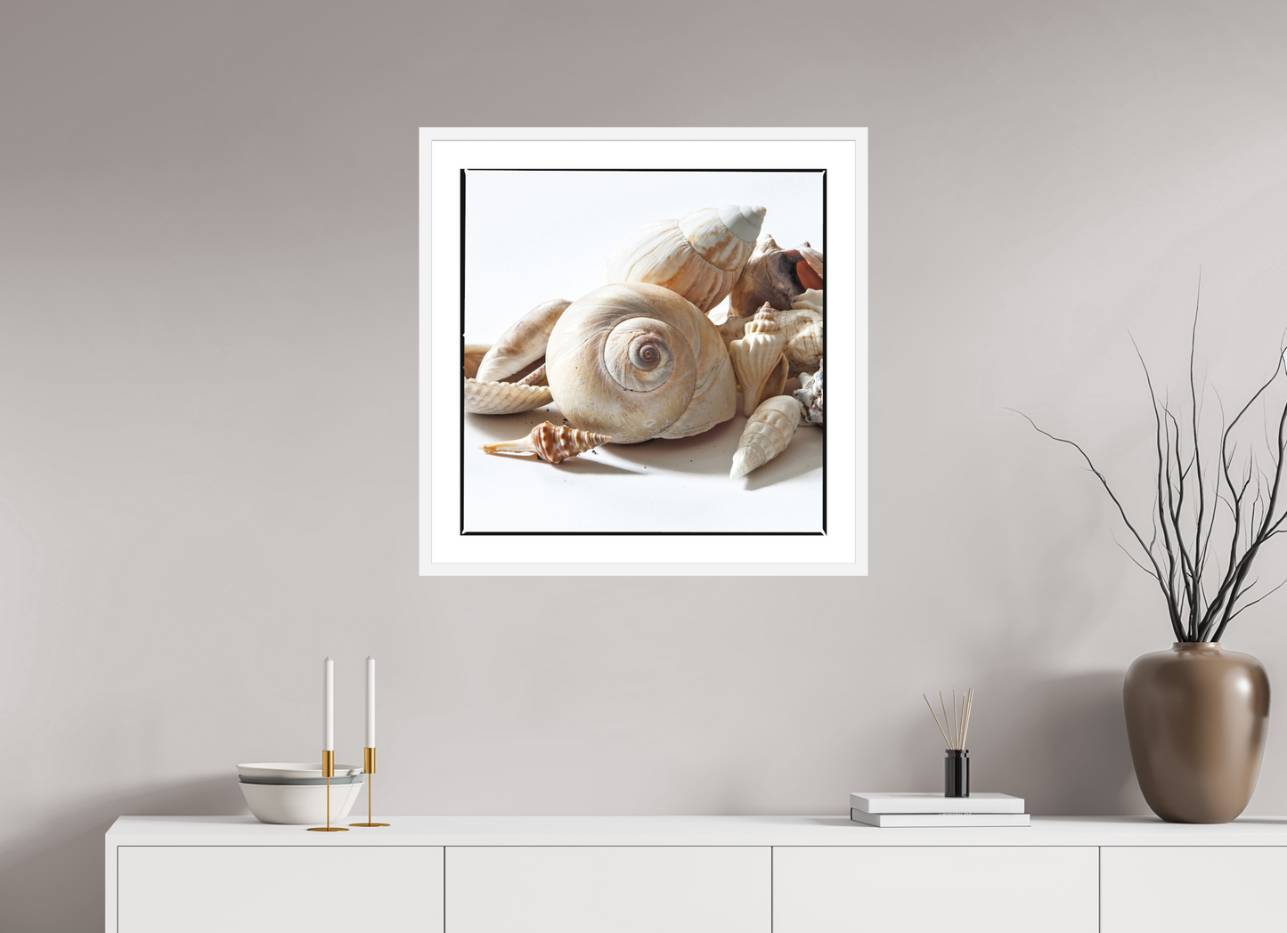 25 x 25″, Solid 0.8" White Wood Frame With 2" Natural White Passe-Partout with Museum Glass Sea Shells