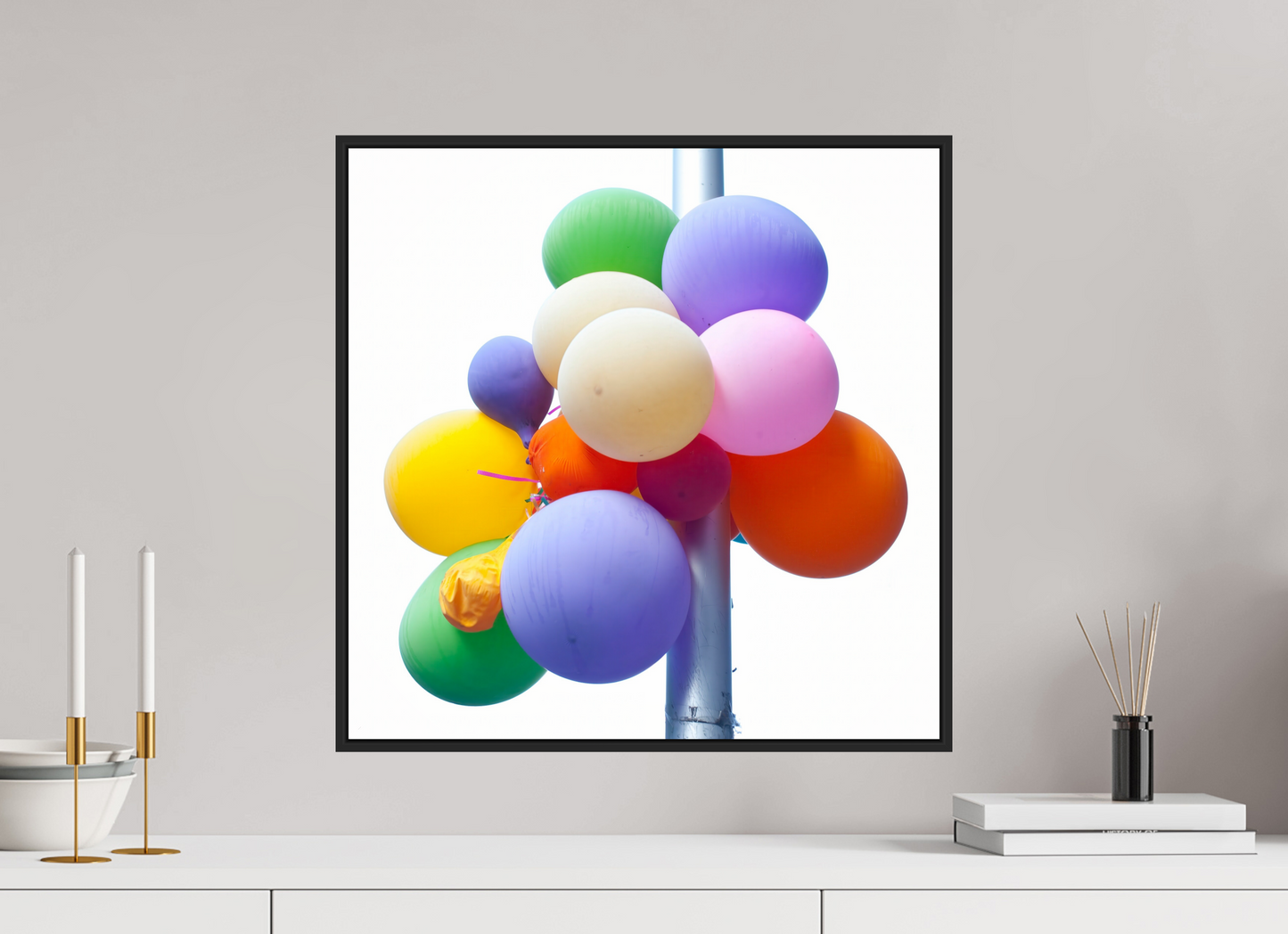 Colorful Ballons Tied to a Lamp Post