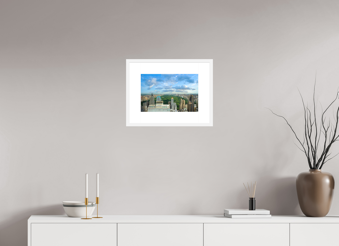 15 x 10″, Solid 0.8" White Wood Frame With 3" Natural White Passe-Partout with Museum Glass Central Park