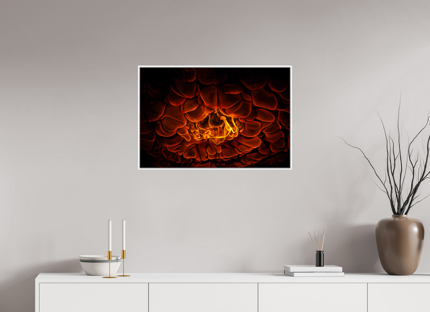 30 x 20″, White Matte Frame, No Border Burning Man - Flames