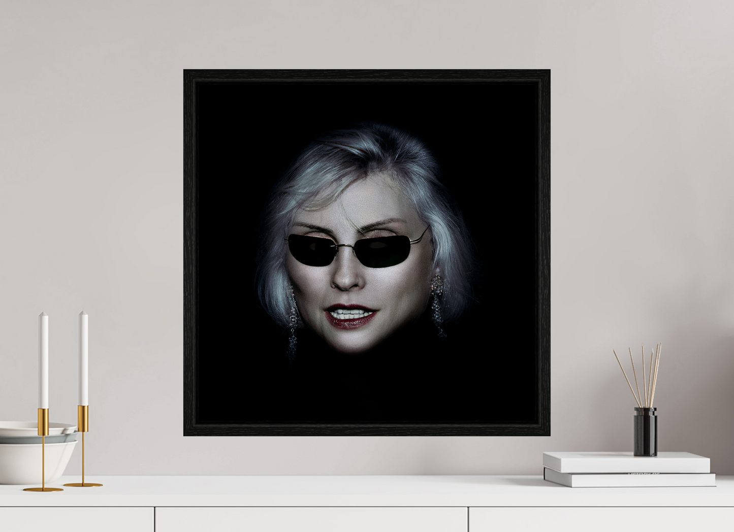 20 x 20″, Floater Frame Debbie Harry Wearing Glasses