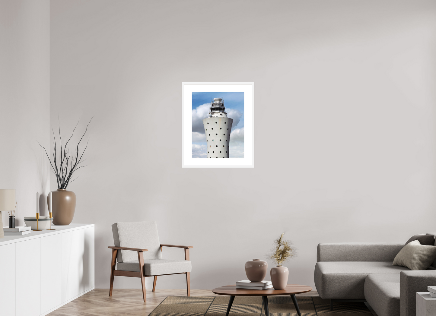 20 x 25″, Solid 0.8" White Wood Frame With 3" Natural White Passe-Partout with Museum Glass Air Traffic Tower
