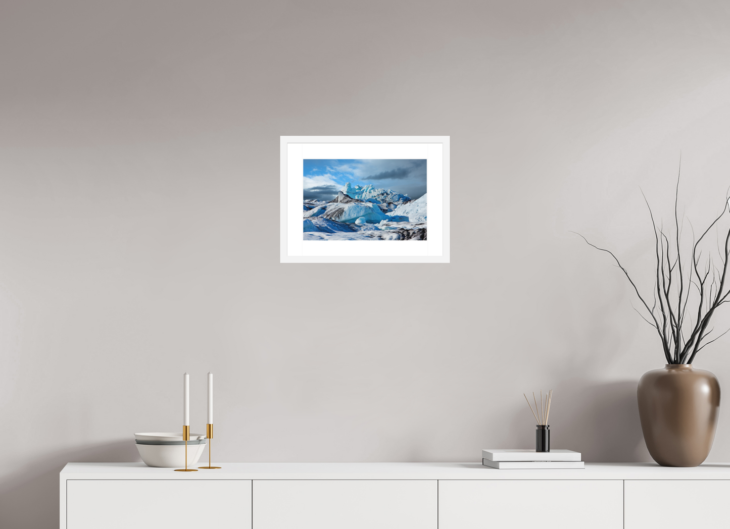 15 x 10″, Solid 0.8" White Wood Frame With 2" Natural White Passe-Partout with Museum Glass Iceland Icebergs
