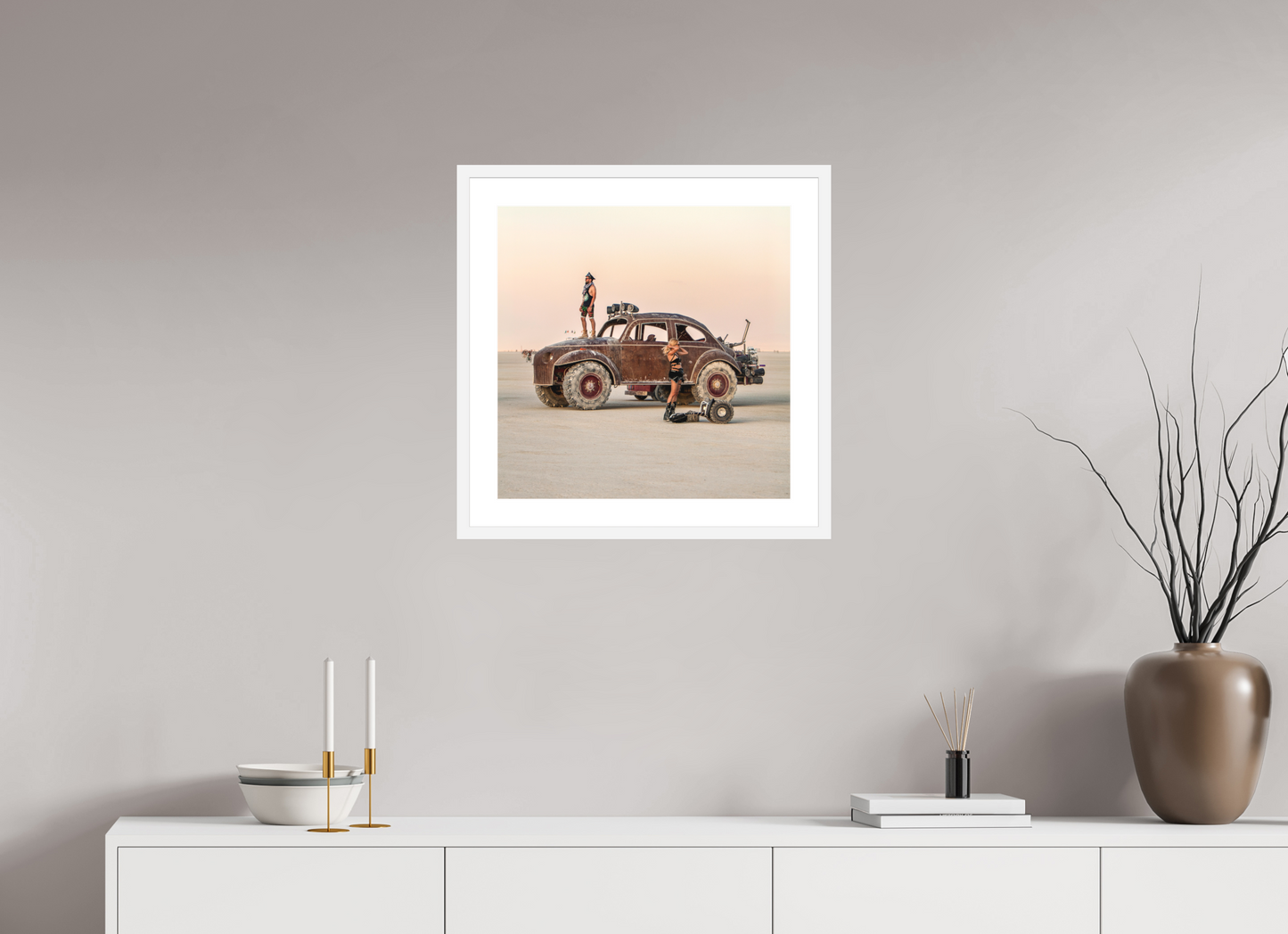 20 x 20″, Solid 0.8" White Wood Frame With 2" Natural White Passe-Partout with Museum Glass Burning Man - Large VW Art Car (square format)