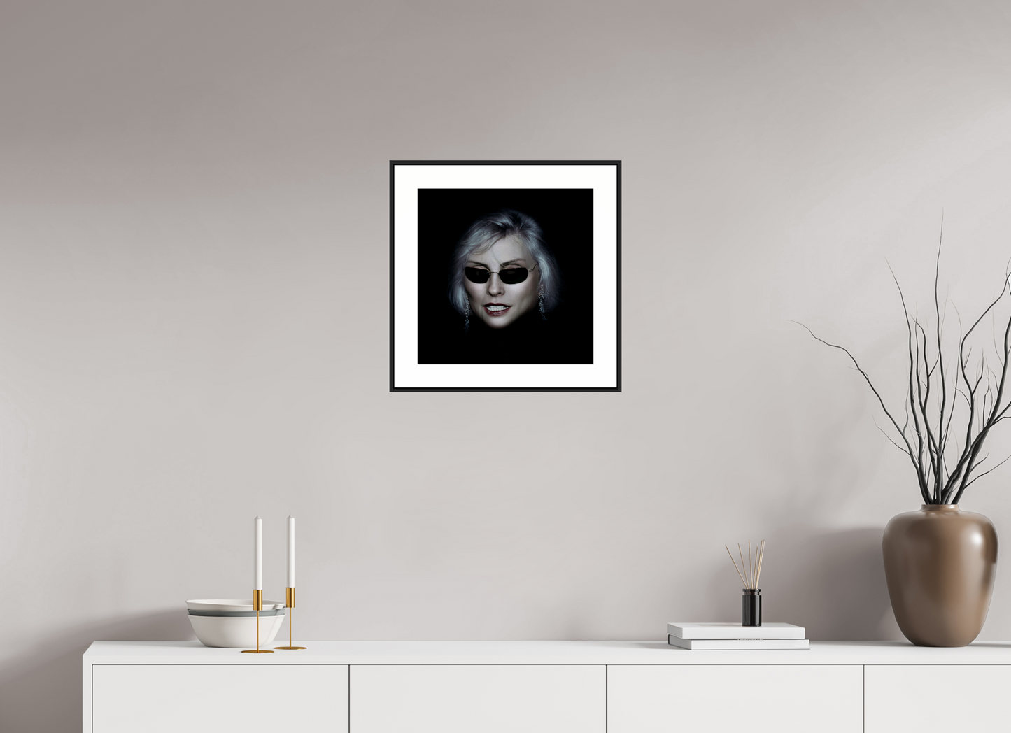 15 x 15″, Black Matte Frame Debbie Harry Wearing Glasses