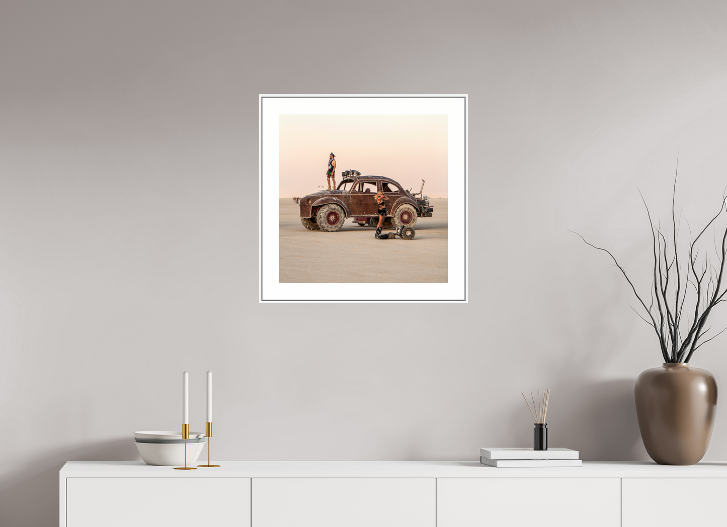 20 x 20″, White Matte Frame Burning Man - Art Car Large VW