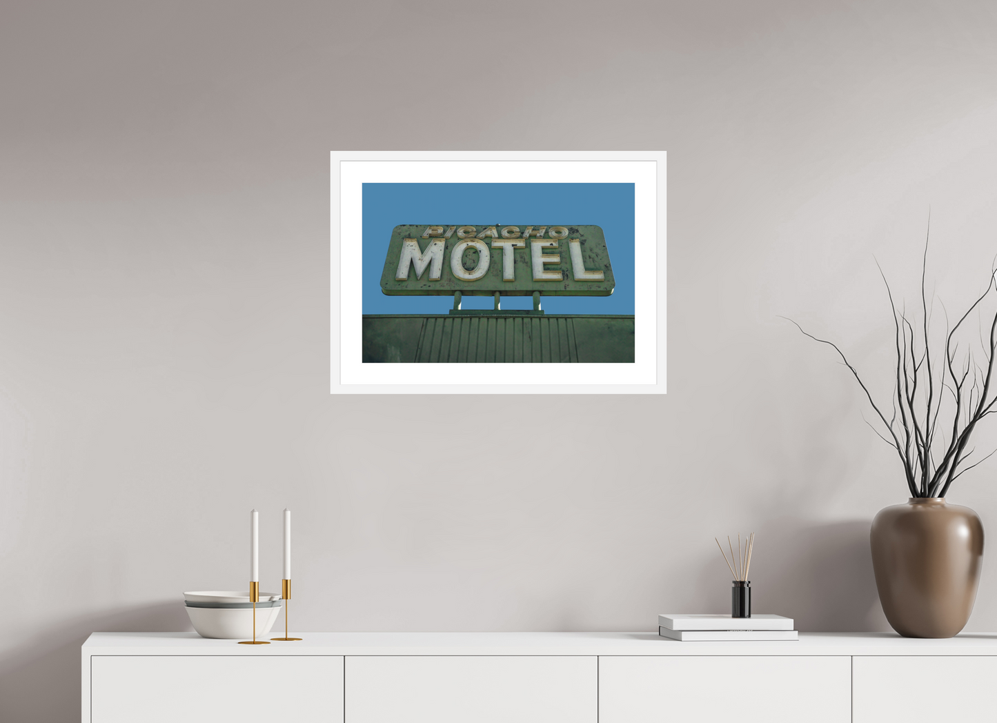 24 x 16″, Solid 0.8" White Wood Frame With 2" Natural White Passe-Partout with Museum Glass Picacho Motel Sign