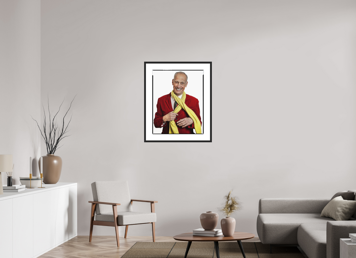 24 x 30″, Solid 0.8" Black Wood Frame With 3" Natural White Passe-Partout with Museum Glass Director John Waters in Red Jacket