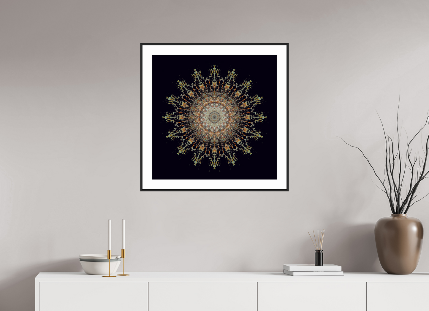 25 x 25″, Black Matte Frame Water Mandala No. 4092