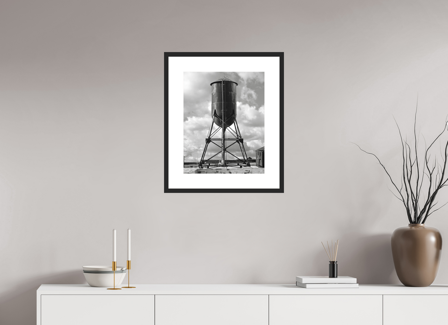 16 x 20″, Solid 0.8" Black Wood Frame With 3" Natural White Passe-Partout with Museum Glass Black Water Tower
