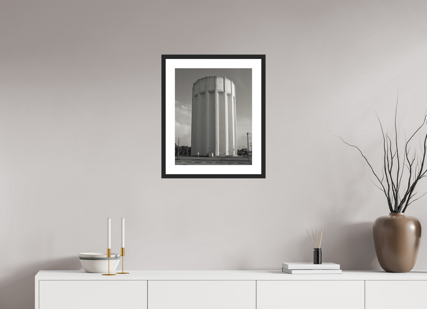 16 x 20″, Solid 0.8" Black Wood Frame With 2" Natural White Passe-Partout with Museum Glass Ribbed Water Tower Kansas