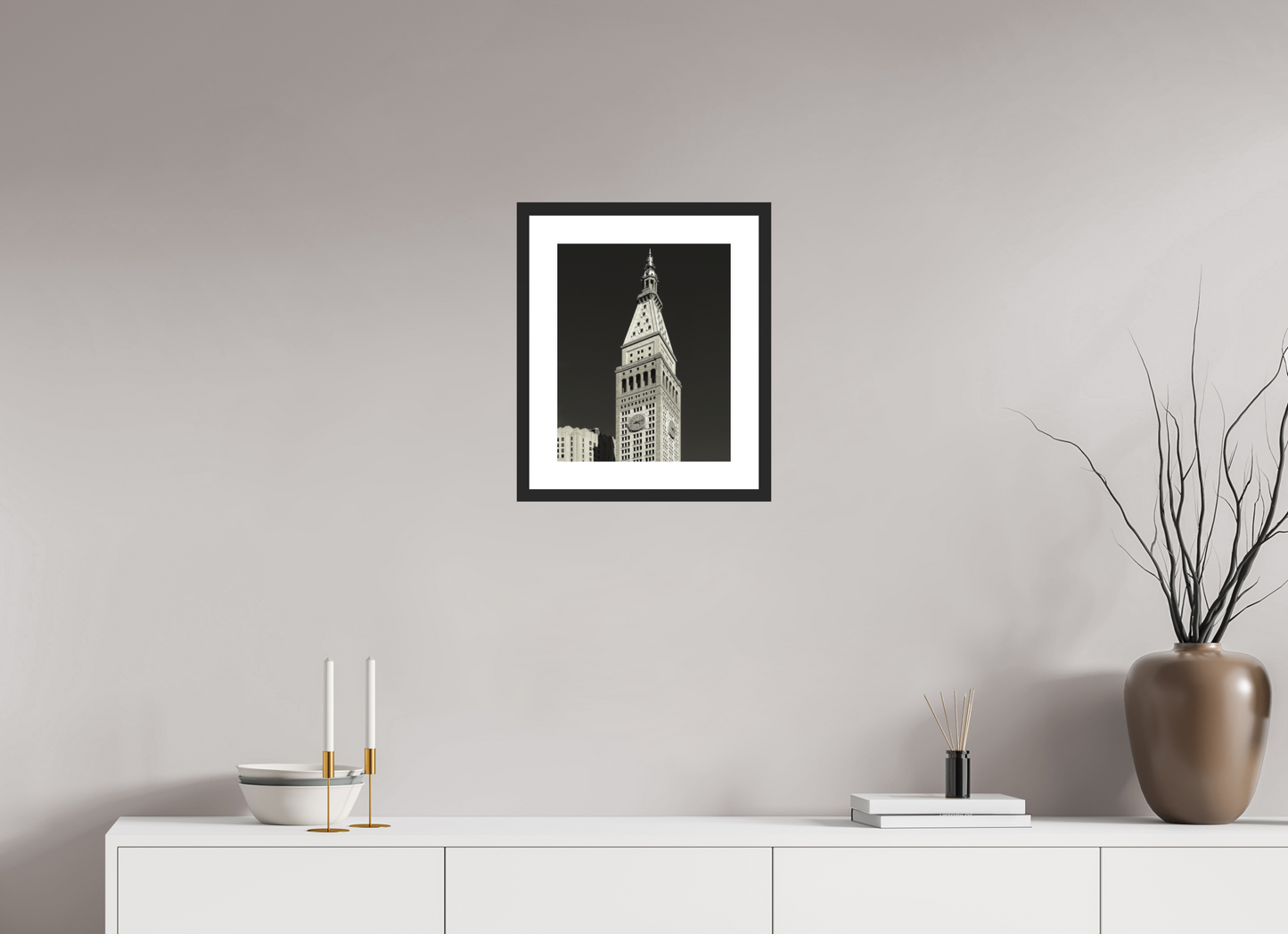 12 x 15″, Solid 0.8" Black Wood Frame With 2" Natural White Passe-Partout with Museum Glass Metropolitan Life Insurance Company Tower