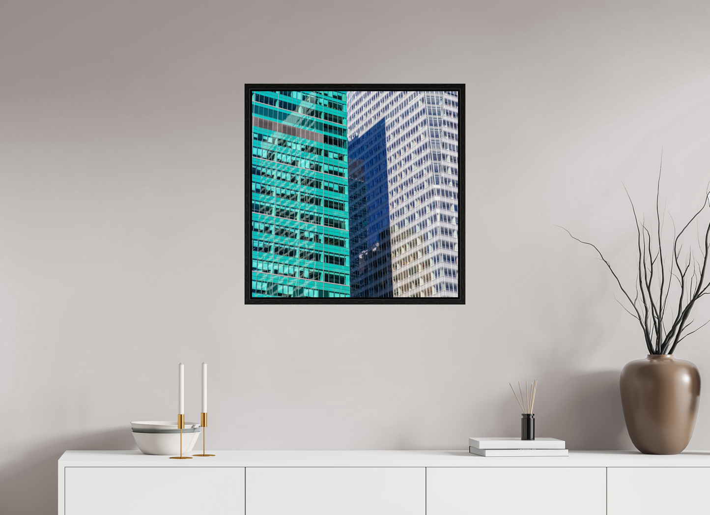 25 x 25″, Floater Frame Green and White Office Buildings