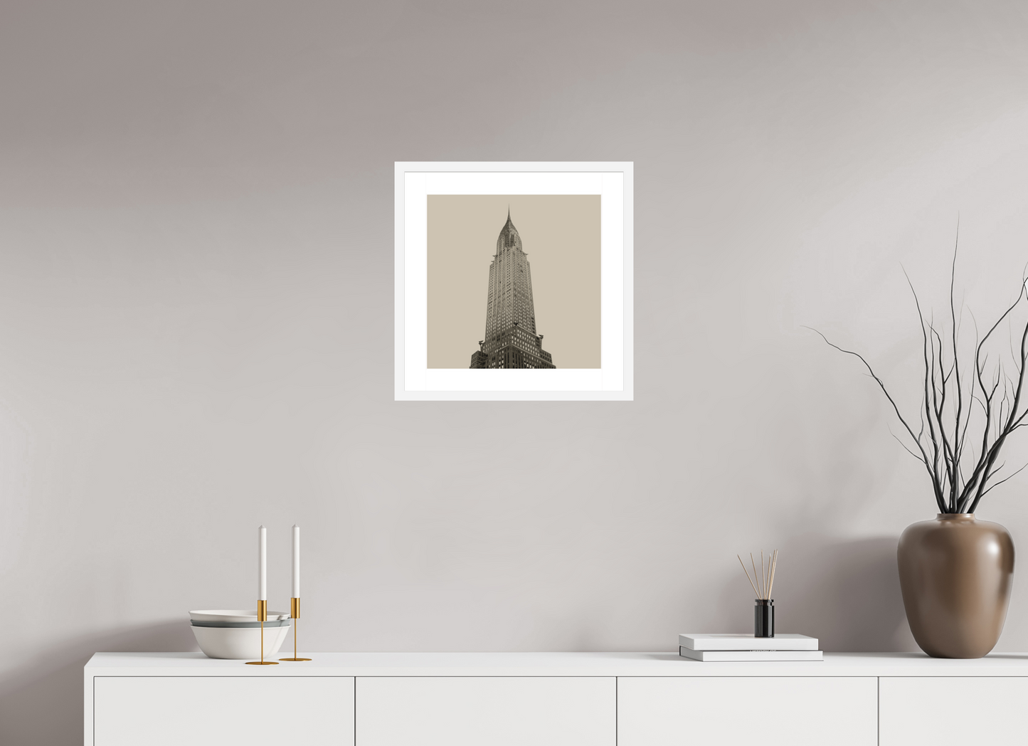 15 x 15″, Solid 0.8" White Wood Frame With 2" Natural White Passe-Partout with Museum Glass Chrysler Building, NY