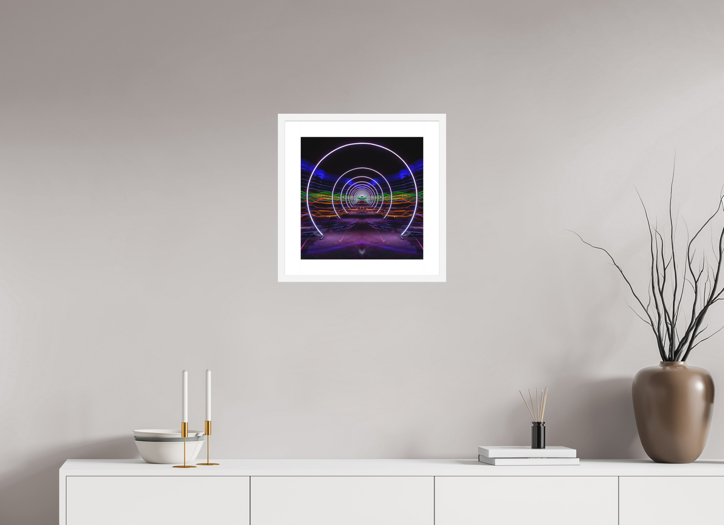 15 x 15″, Solid 0.8" White Wood Frame With 2" Natural White Passe-Partout with Museum Glass Burning Man - Concentric Circles of Light