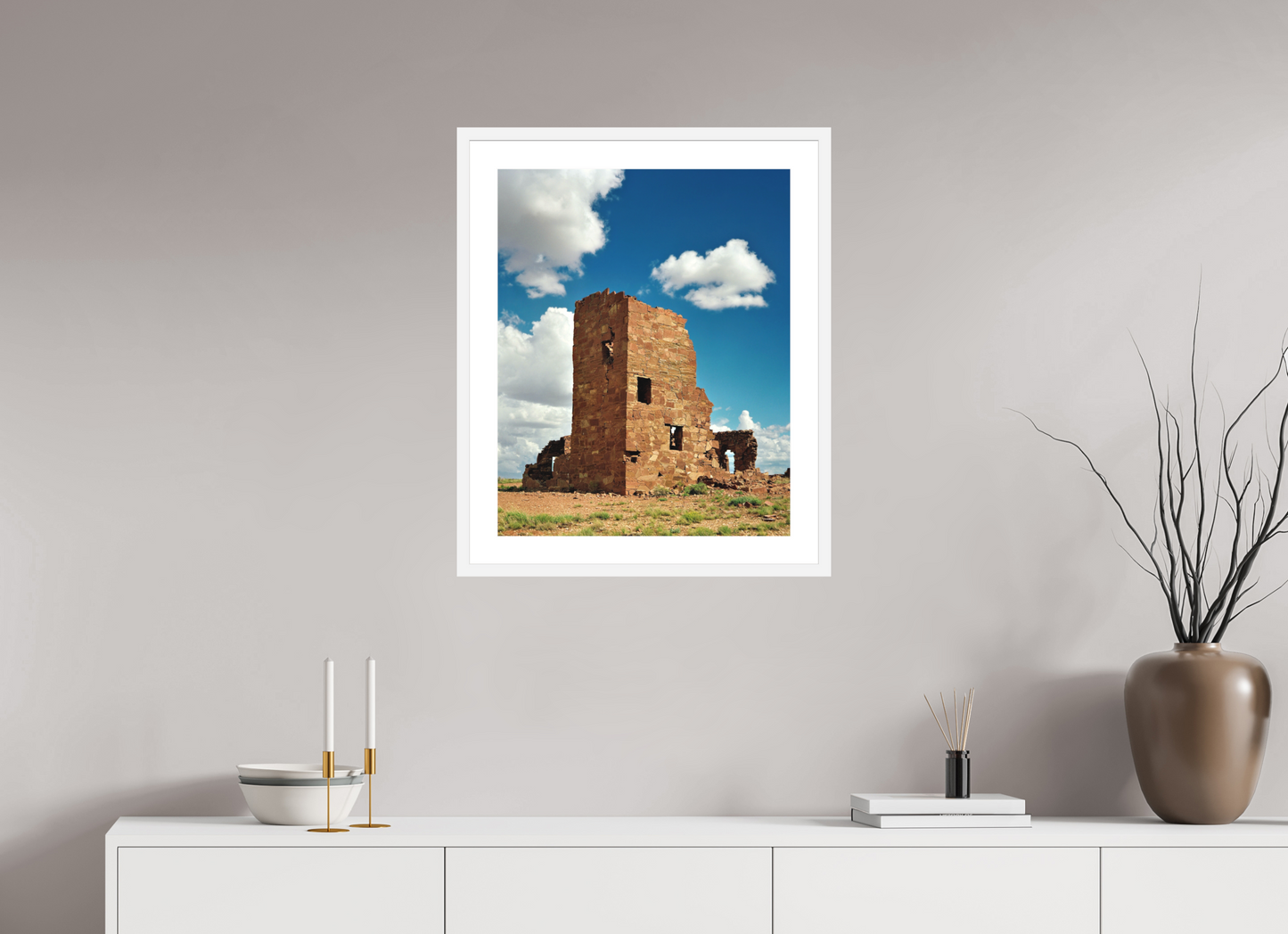 20 x 25″, Solid 0.8" White Wood Frame With 2" Natural White Passe-Partout with Museum Glass Adobe Ruin
