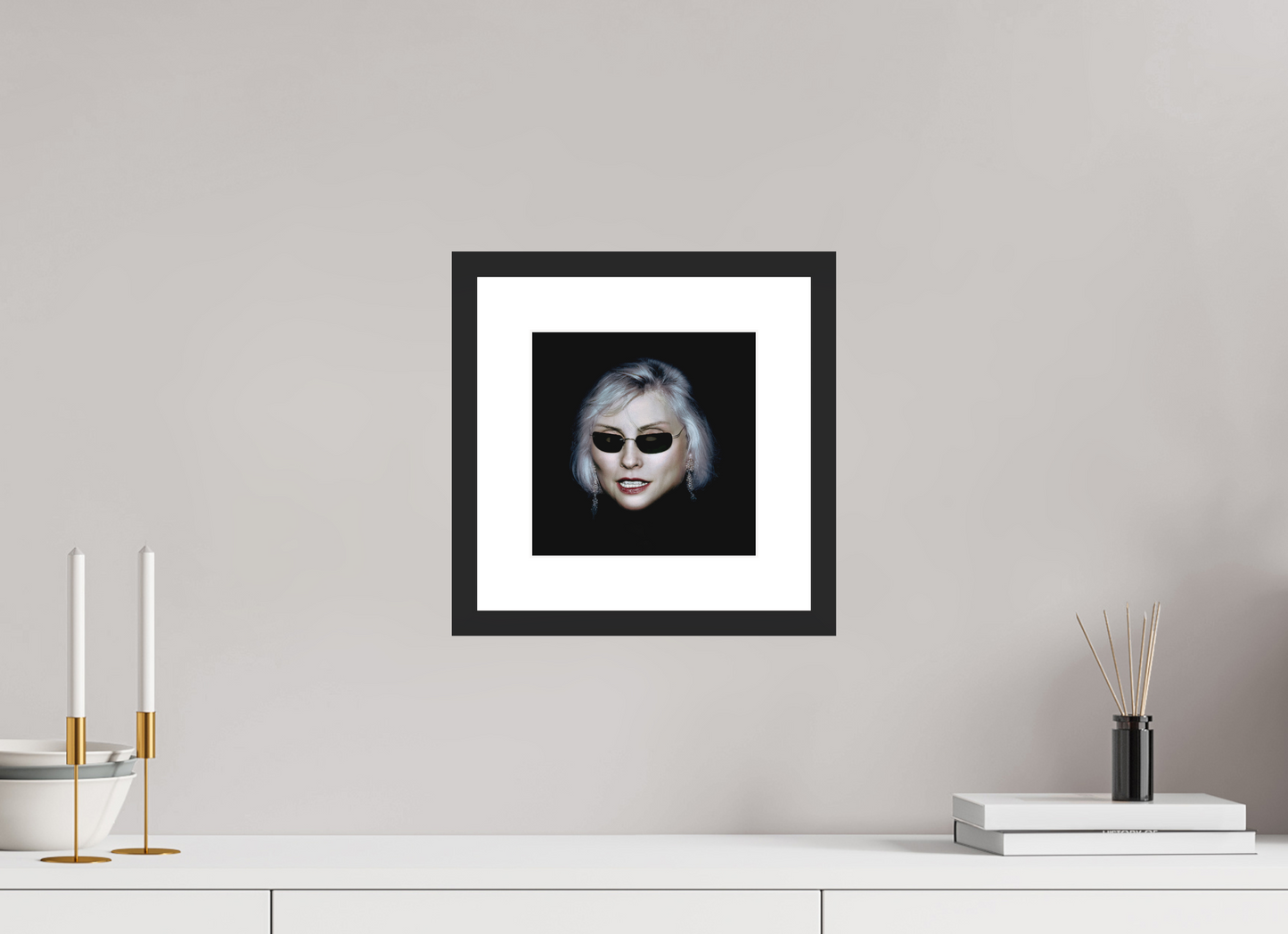 8 x 8″, Solid 0.8" Black Wood Frame With 2" Natural White Passe-Partout with Museum Glass Debbie Harry Wearing Glasses