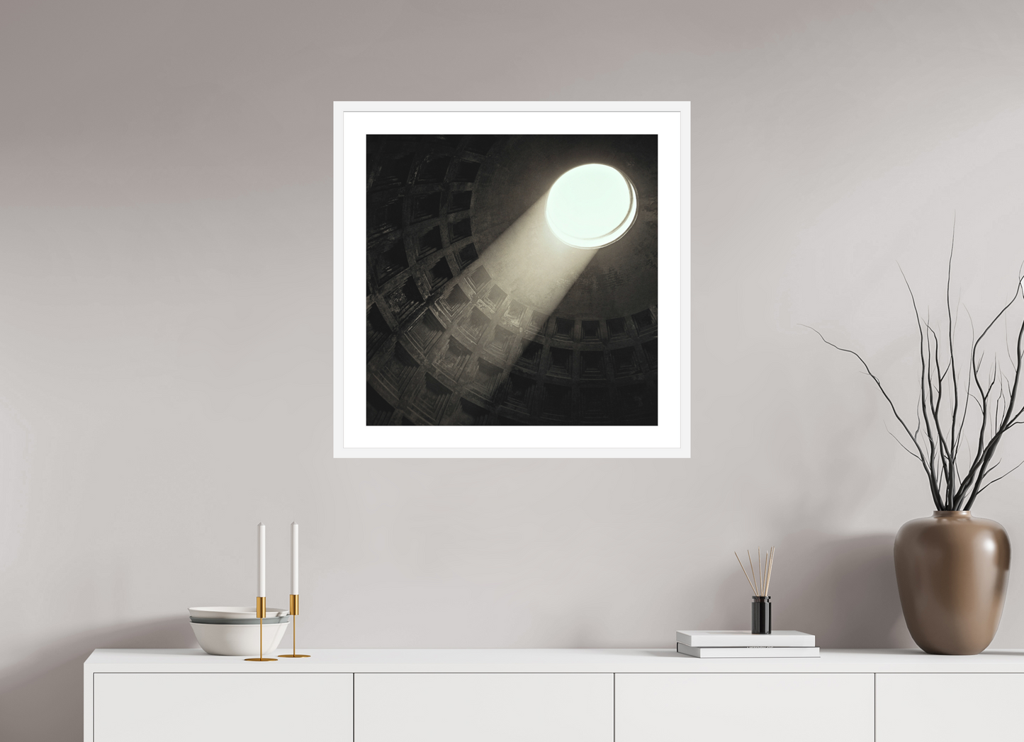 25 x 25″, Solid 0.8" White Wood Frame With 2" Natural White Passe-Partout with Museum Glass Pantheon Ceiling