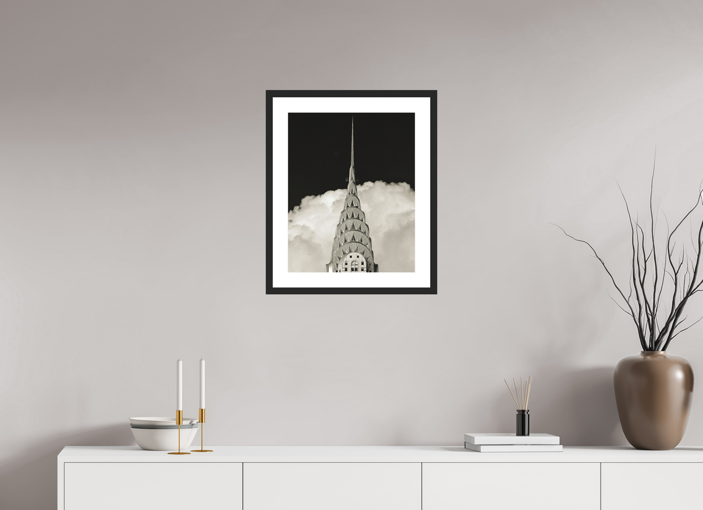 16 x 20″, Solid 0.8" Black Wood Frame With 2" Natural White Passe-Partout with Museum Glass Chrysler Building Against Clouds