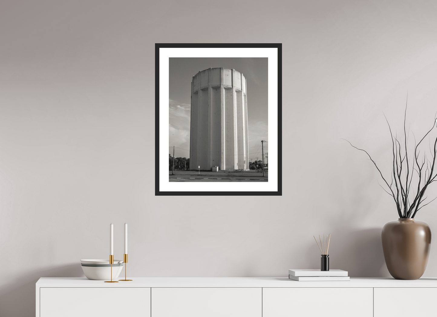 20 x 25″, Solid 0.8" Black Wood Frame With 2" Natural White Passe-Partout with Museum Glass Ribbed Water Tower Kansas