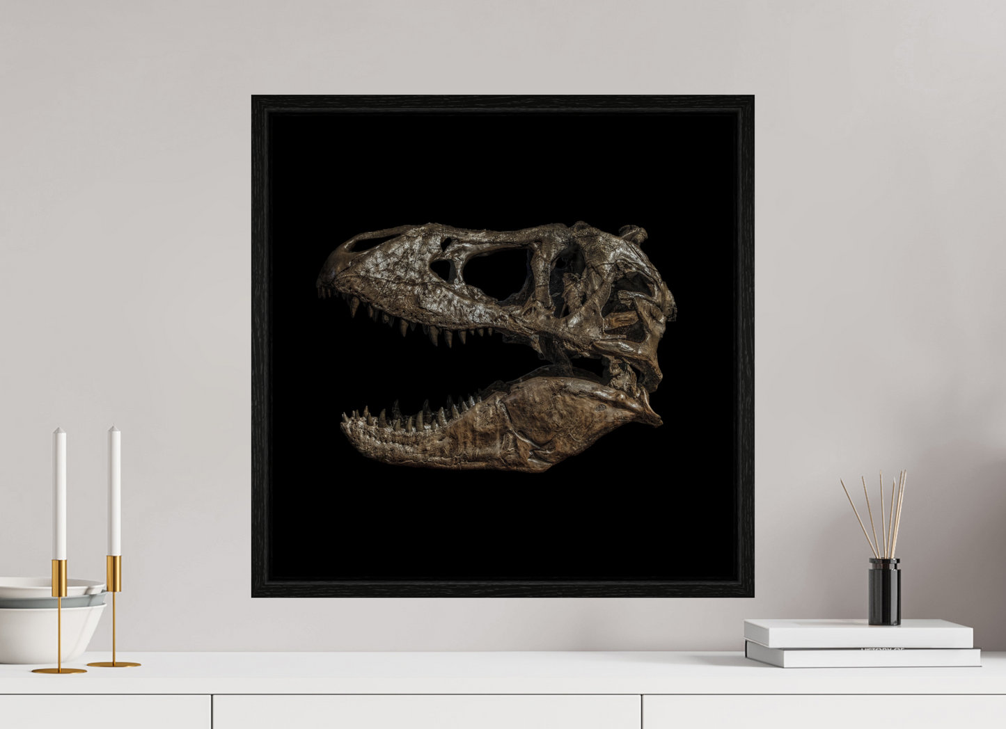 20 x 20″, Floater Frame T-Rex Skull