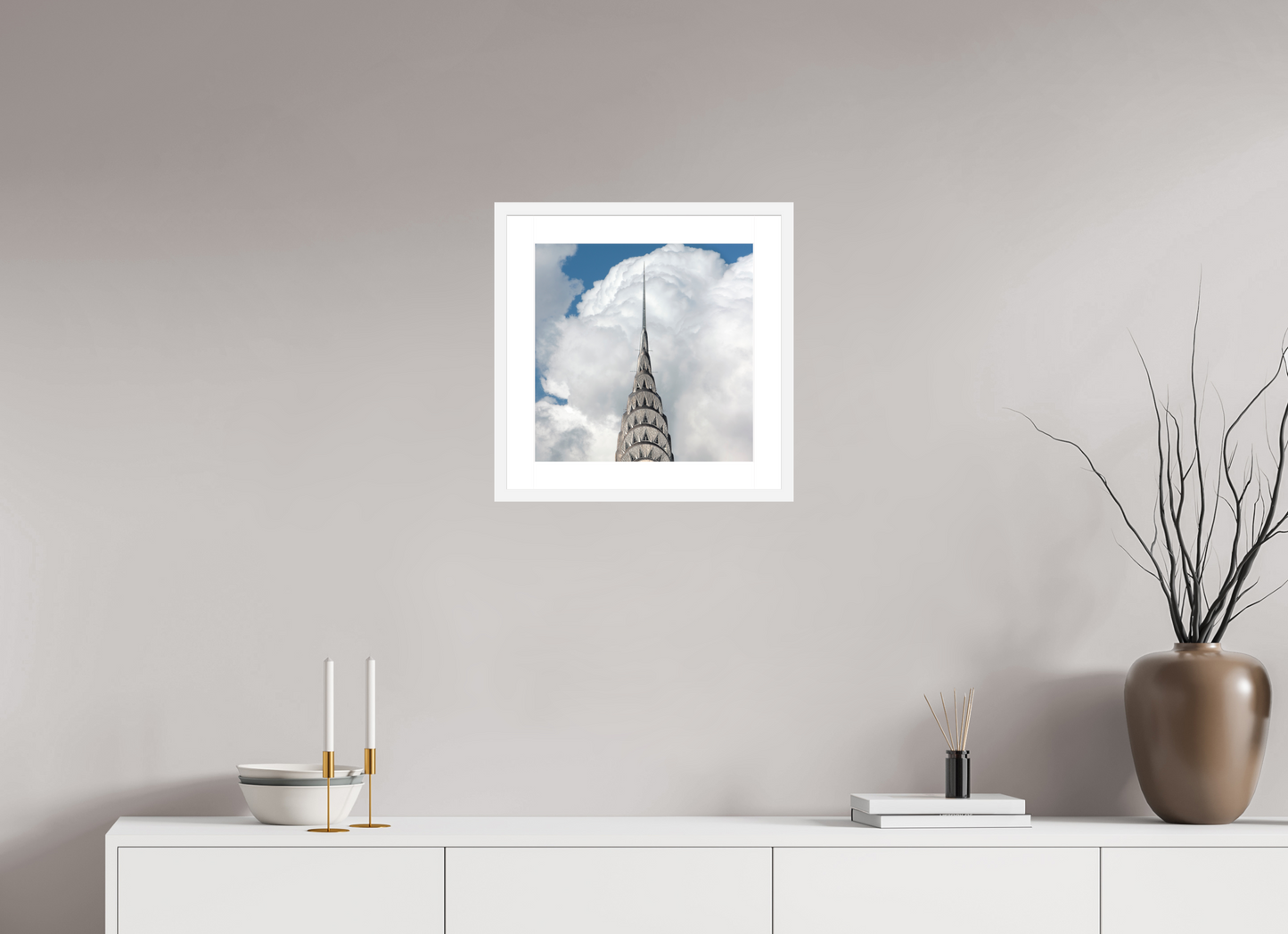 15 x 15″, Solid 0.8" White Wood Frame With 2" Natural White Passe-Partout with Museum Glass Chrysler Building with Clouds
