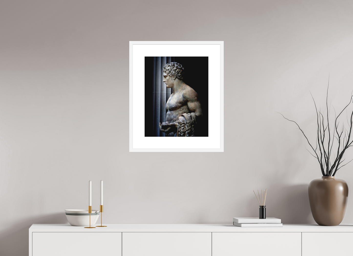 16 x 20″, Solid 0.8" White Wood Frame With 3" Natural White Passe-Partout with Museum Glass Hercules Statue