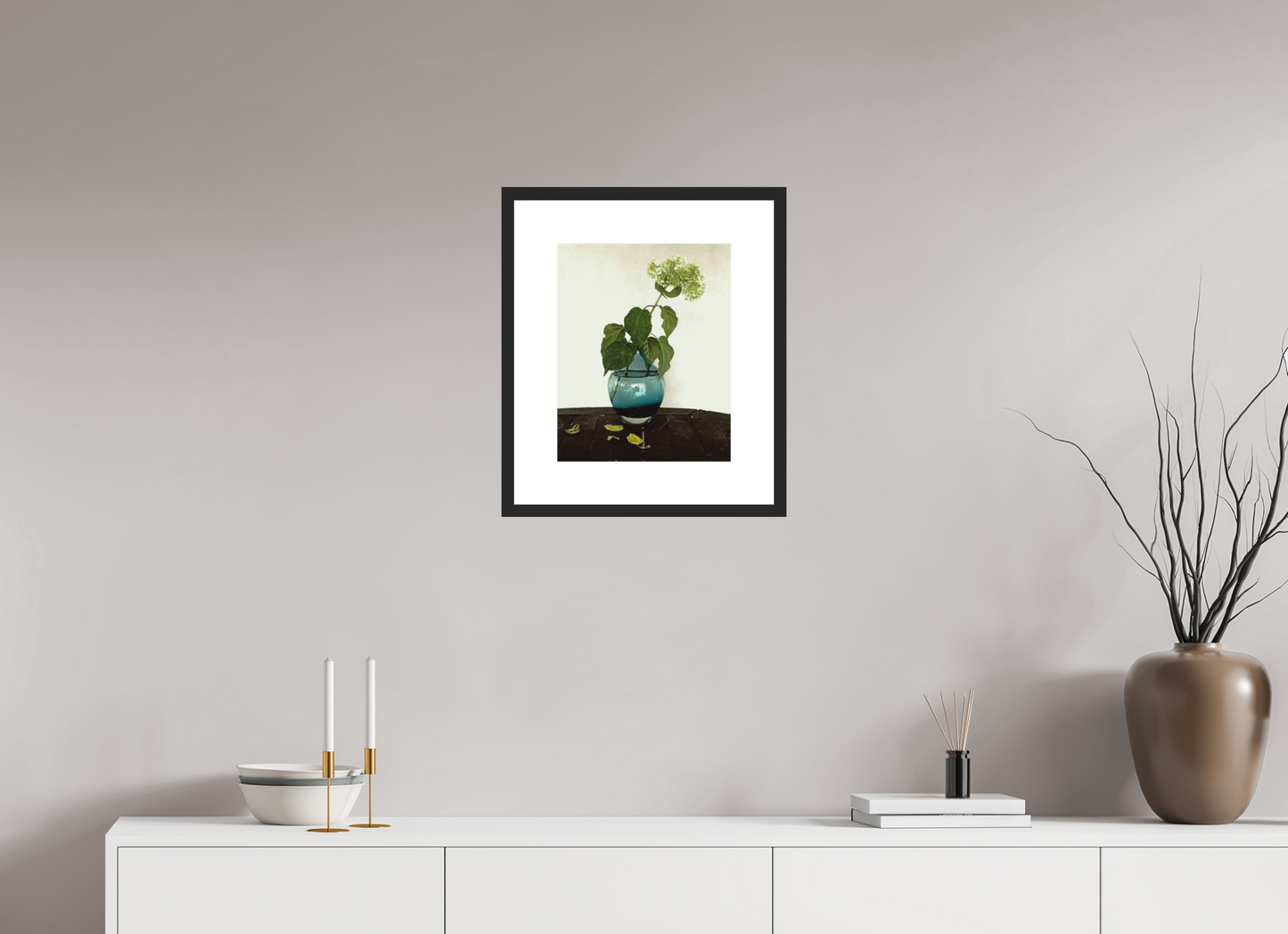 12 x 15″, Solid 0.8" Black Wood Frame With 3" Natural White Passe-Partout with Museum Glass Flower in Vase on Table
