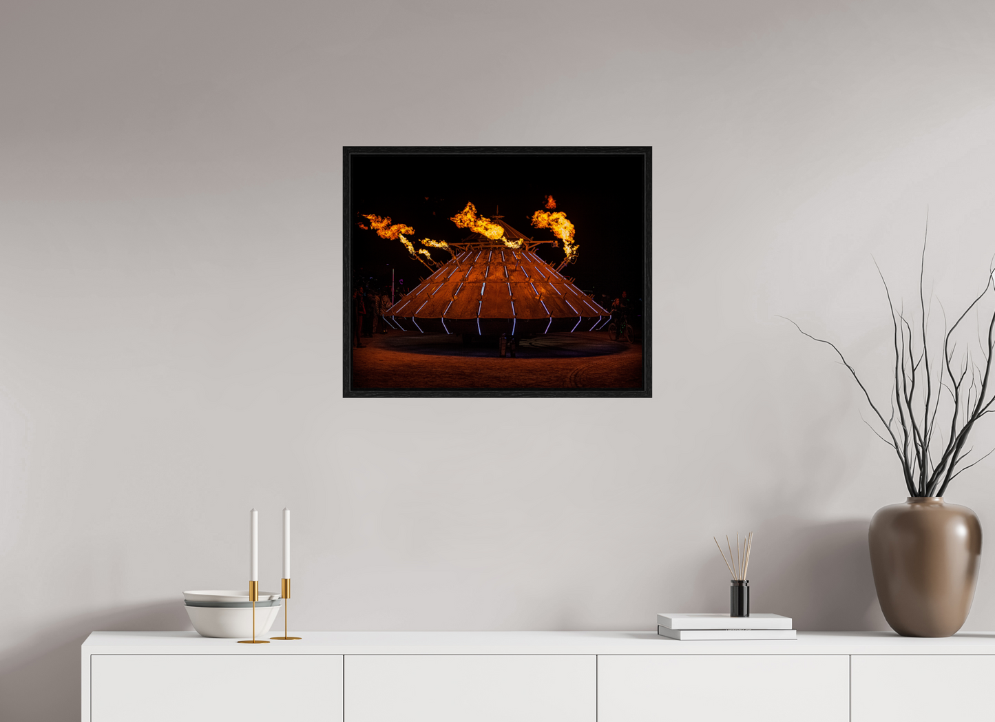 25 x 20″, Floater Frame Burning Man - Da Vinci Tank with Flames