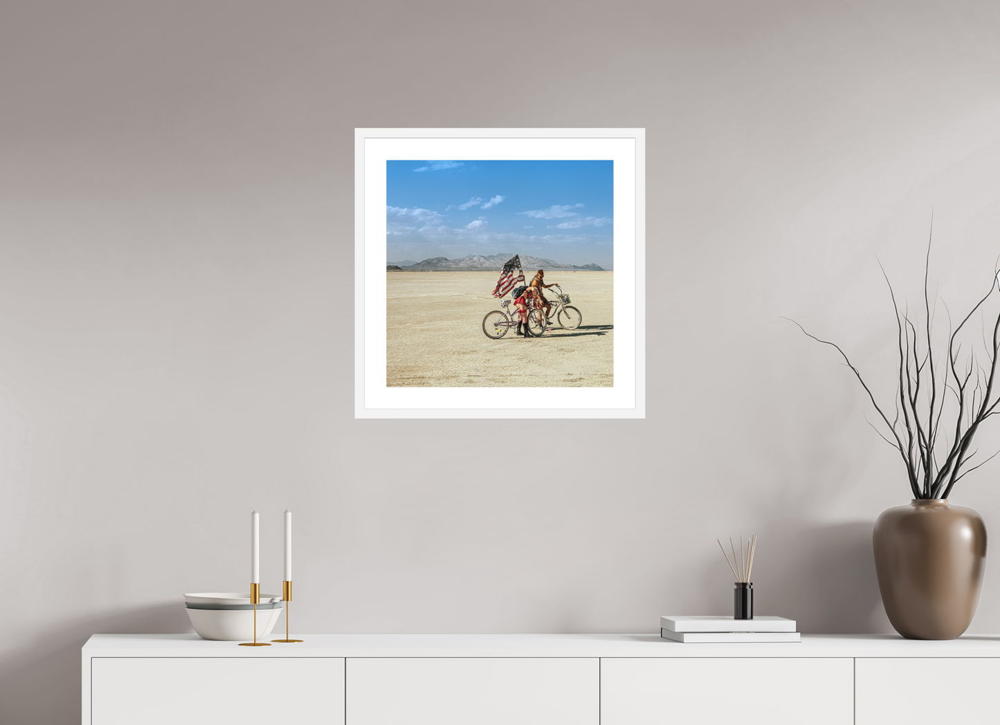 20 x 20″, Solid 0.8" White Wood Frame With 2" Natural White Passe-Partout with Museum Glass Burning Man - Two with Bikes and USA Flag (square format)