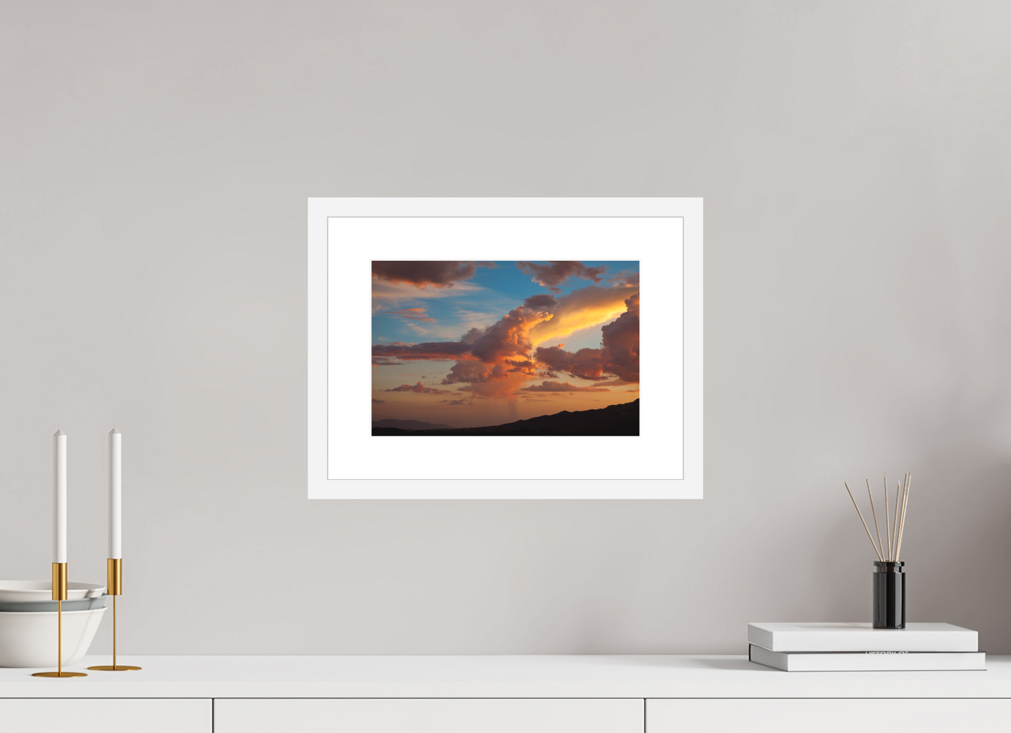 12 x 8″, Solid 0.8" White Wood Frame With 2" Natural White Passe-Partout with Museum Glass Sunset Clouds and Mountains