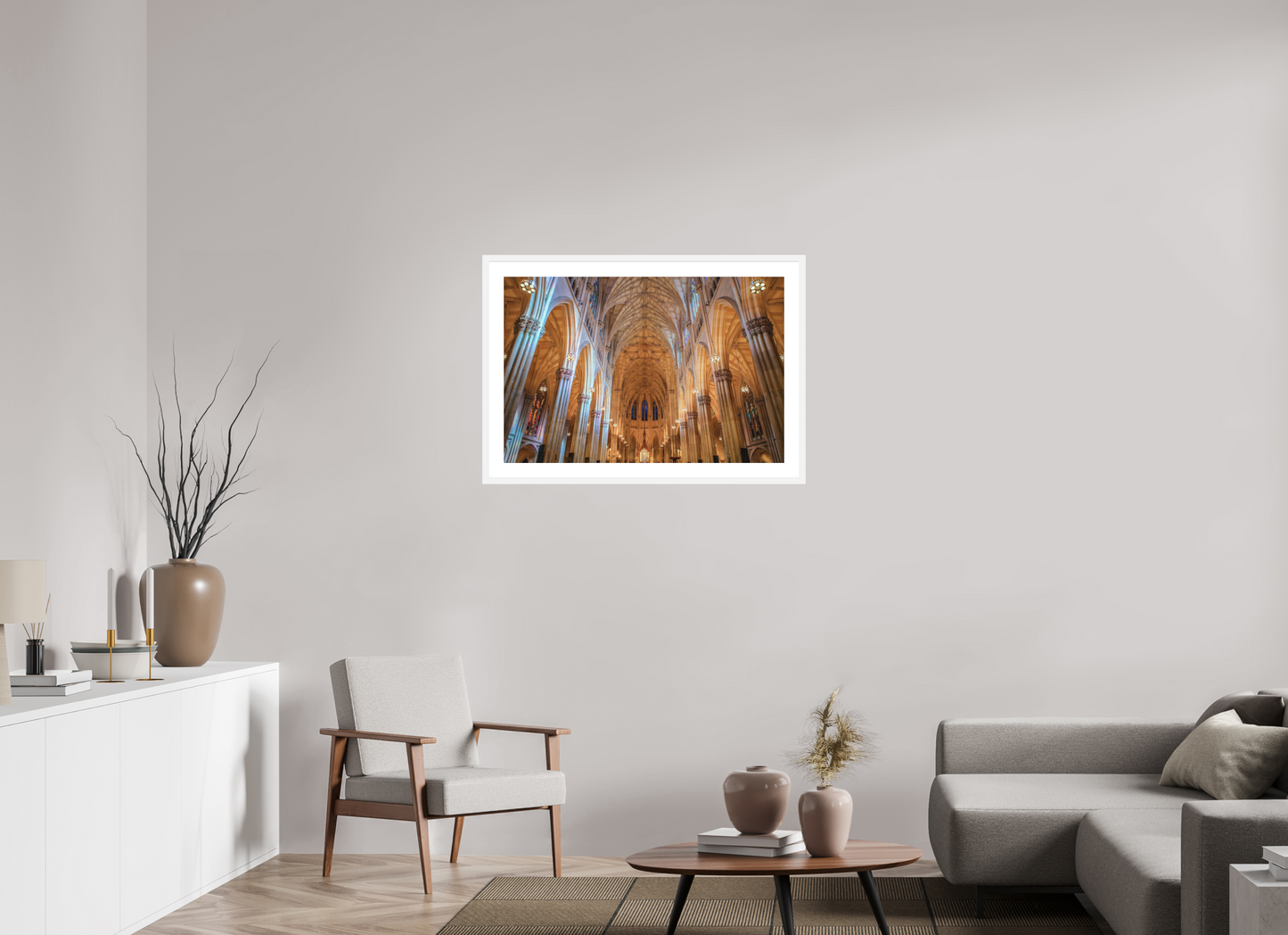 36 x 24″, Solid 0.8" White Wood Frame With 2" Natural White Passe-Partout with Museum Glass St. Patrick's Cathedral