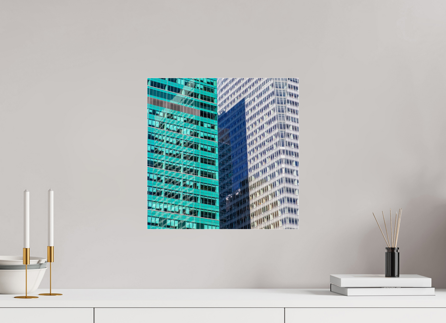 15 x 15″, Frameless Acrylic Glass Green and White Office Buildings