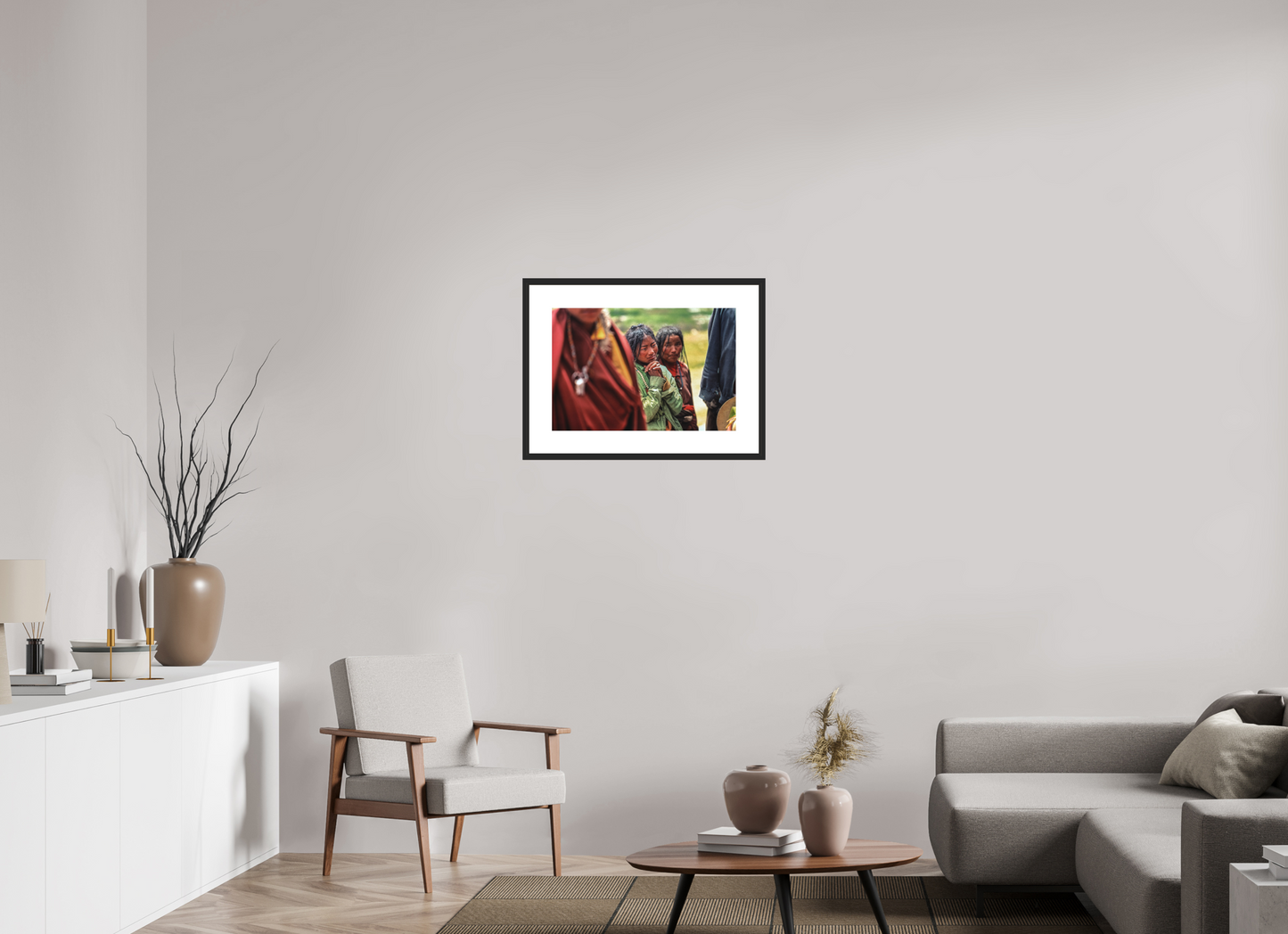 23.7 x 16″, Solid 0.8" Black Wood Frame With 3" Natural White Passe-Partout with Museum Glass Tibetan Girl in Green Jacket