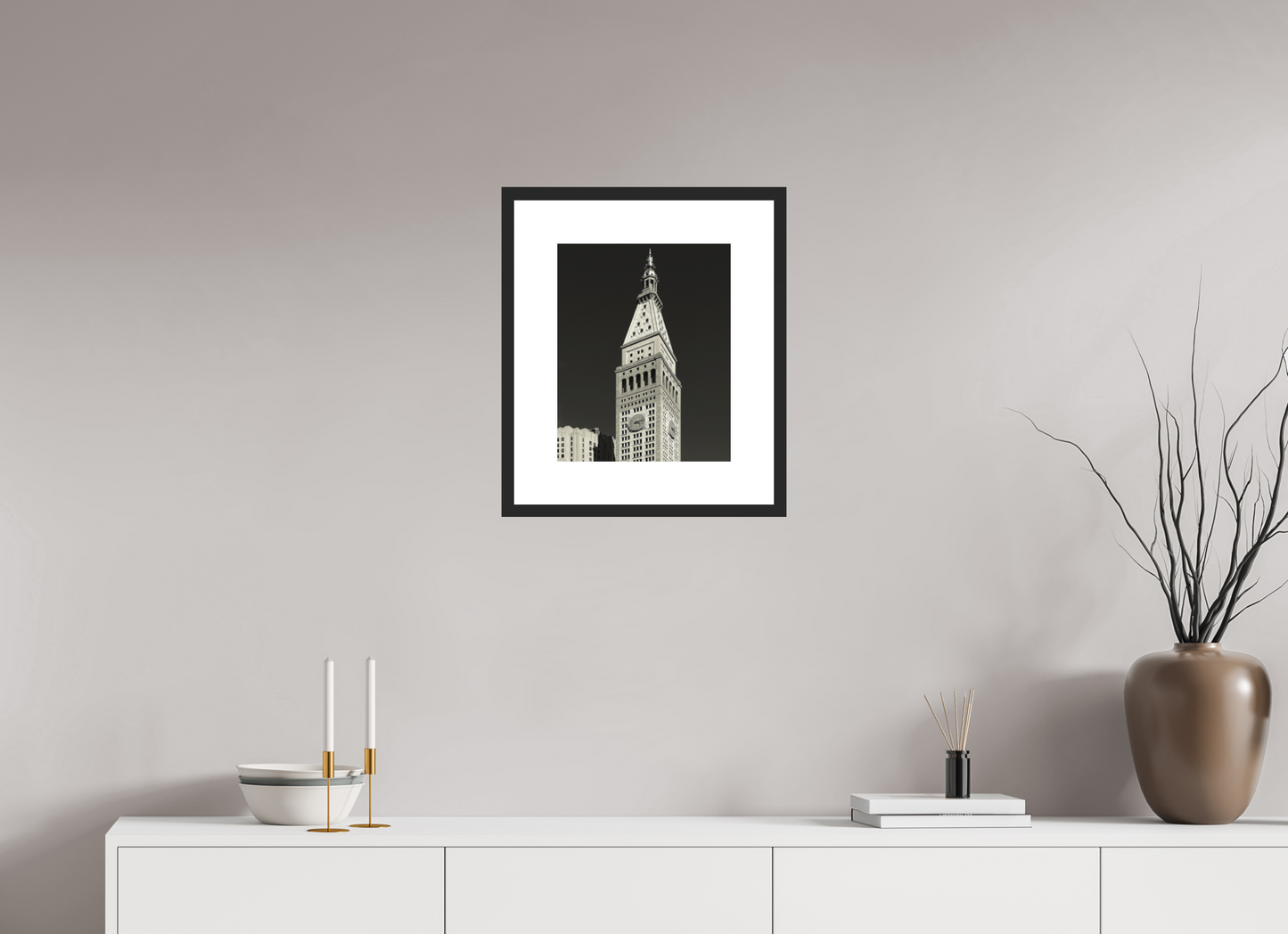 12 x 15″, Solid 0.8" Black Wood Frame With 3" Natural White Passe-Partout with Museum Glass Metropolitan Life Insurance Company Tower