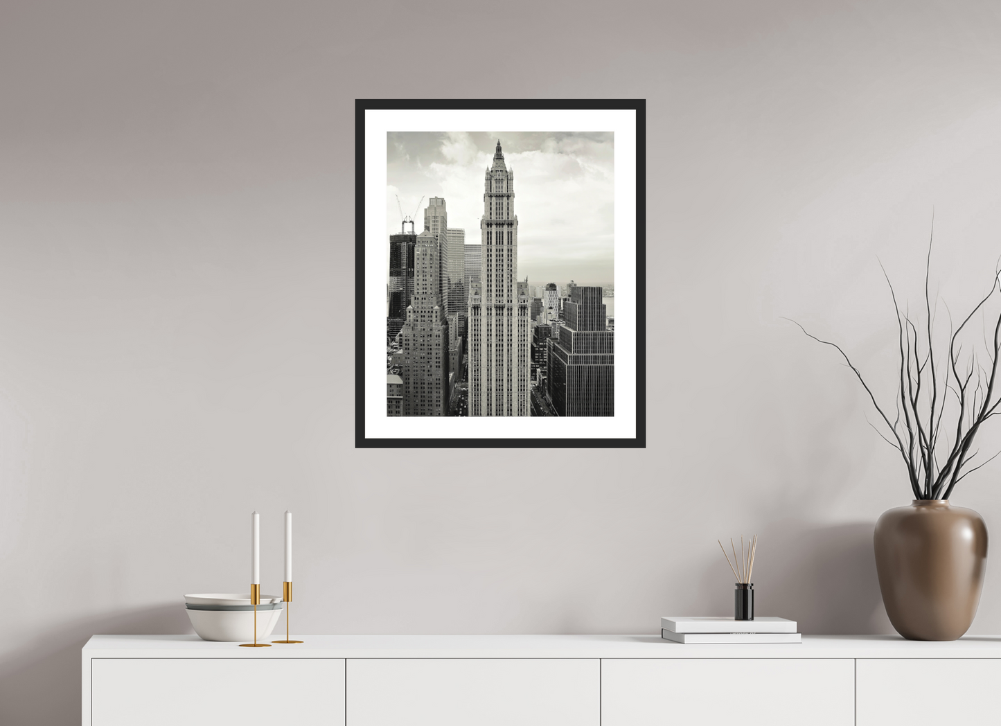 20 x 25″, Solid 0.8" Black Wood Frame With 2" Natural White Passe-Partout with Museum Glass The Woolworth Building