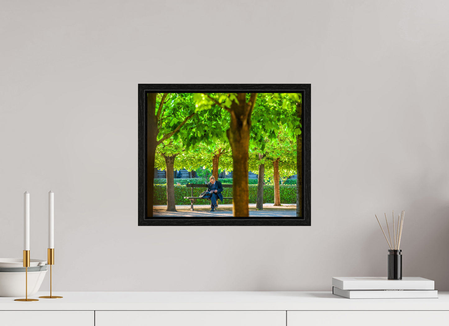 15 x 12″, Floater Frame Man Reading in Paris Garden