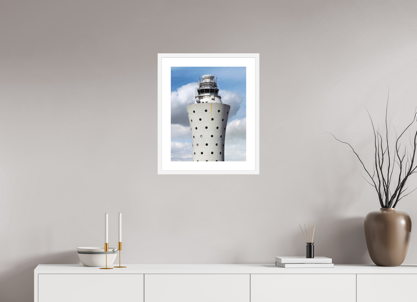 16 x 20″, Solid 0.8" White Wood Frame With 2" Natural White Passe-Partout with Museum Glass Air Traffic Tower