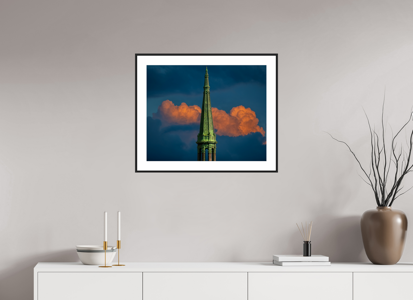 Orange Clouds and Green Tower