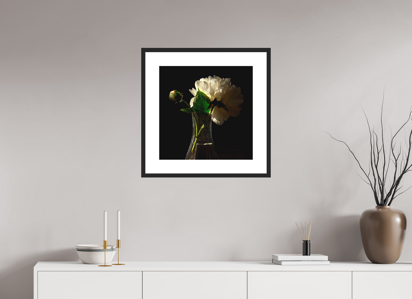 20 x 20″, Solid 0.8" Black Wood Frame With 3" Natural White Passe-Partout with Museum Glass Flowers in Vase