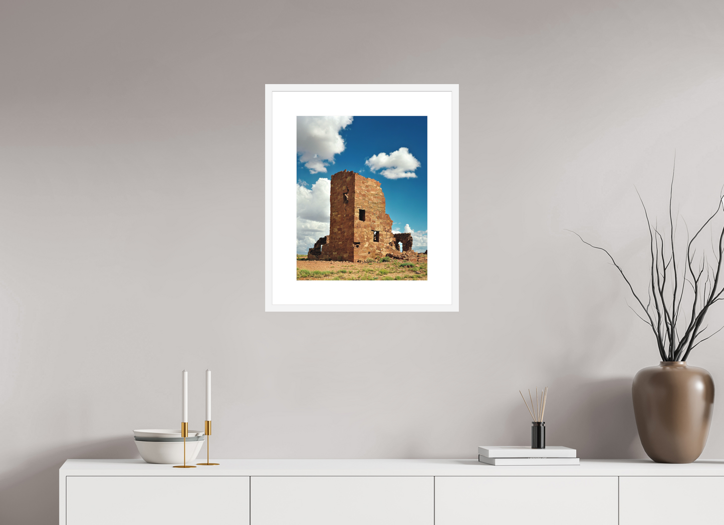 16 x 20″, Solid 0.8" White Wood Frame With 3" Natural White Passe-Partout with Museum Glass Adobe Ruin
