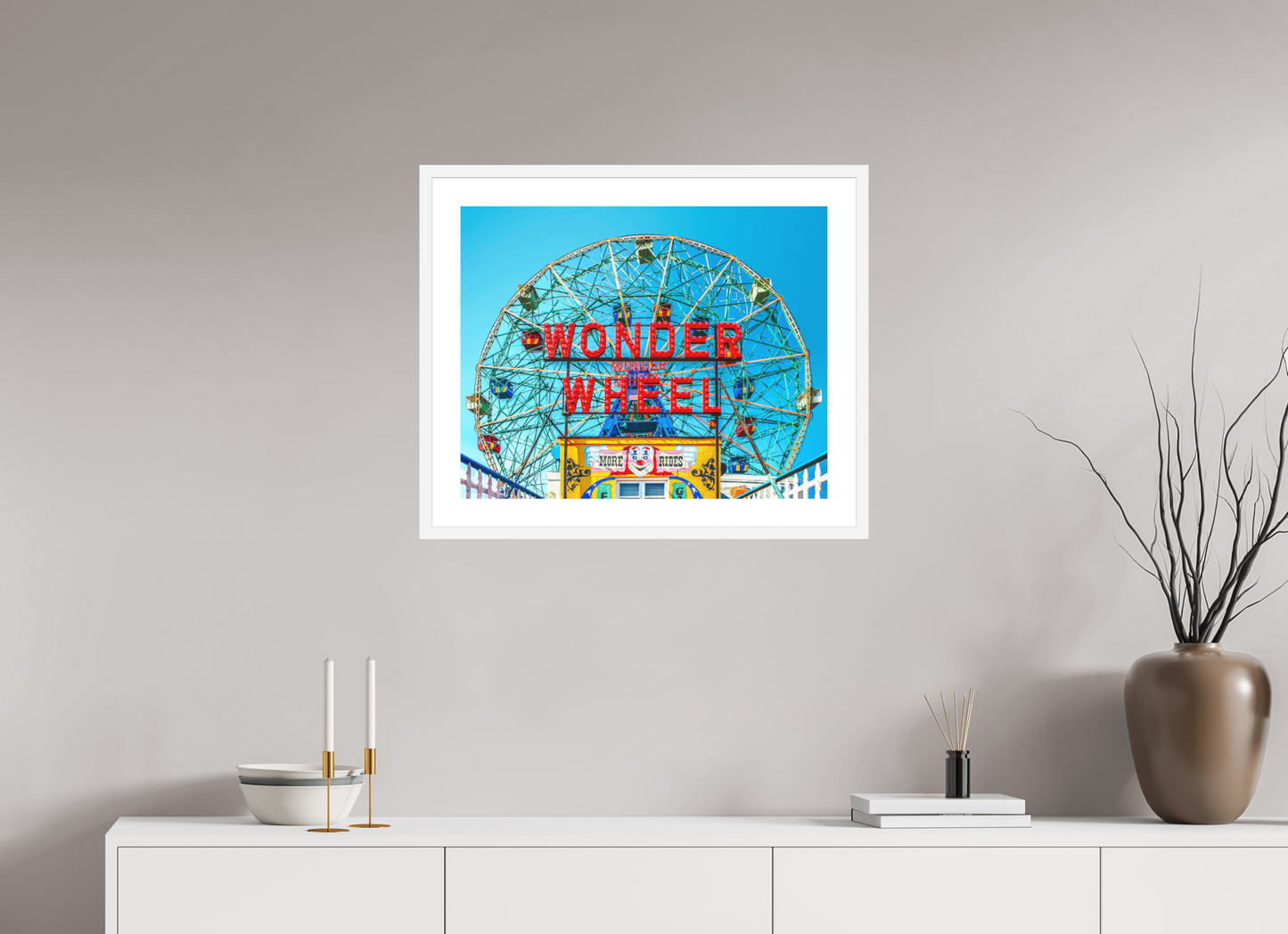 25 x 20″, Solid 0.8" White Wood Frame With 2" Natural White Passe-Partout with Museum Glass Wonder Wheel