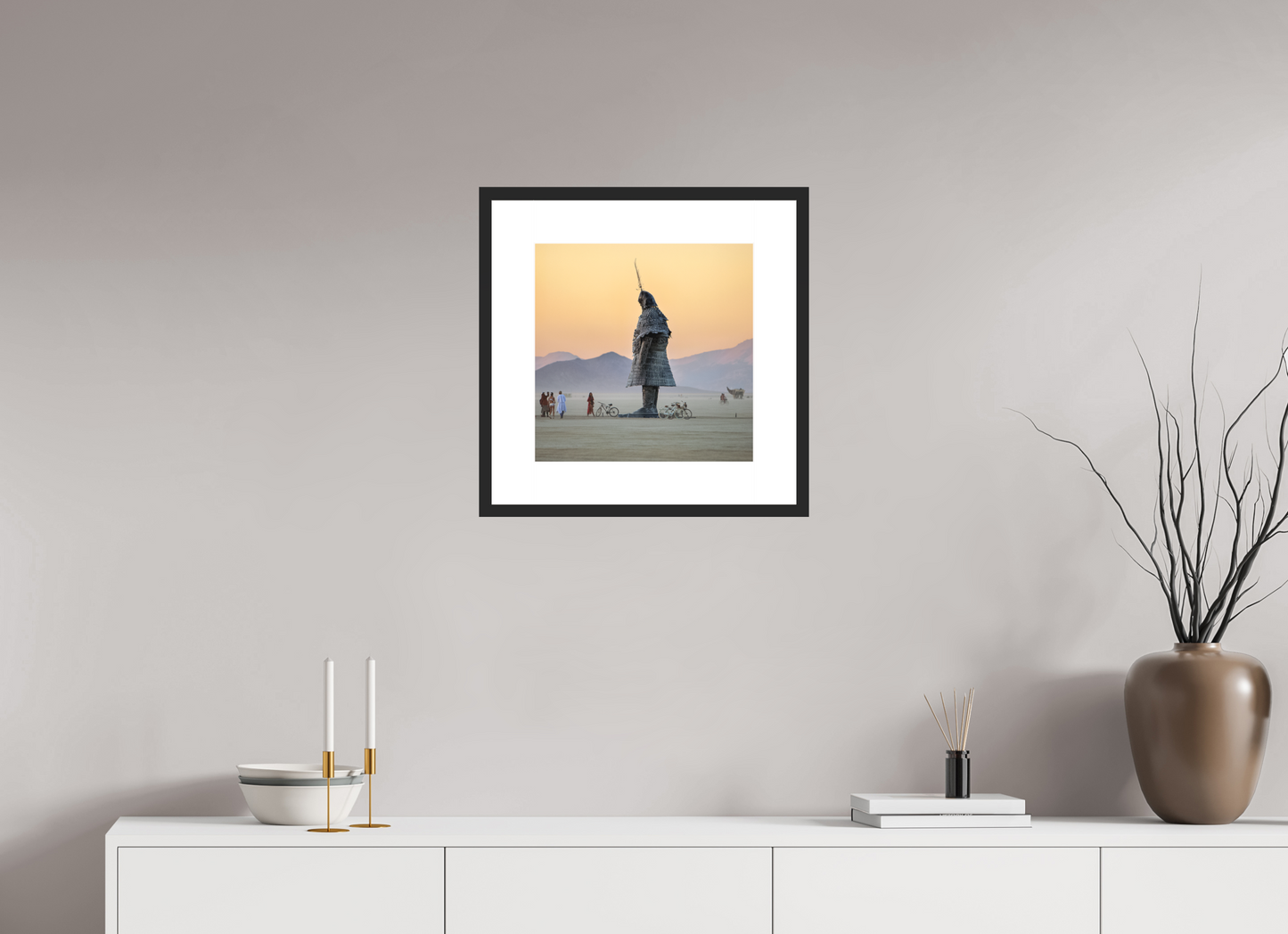 15 x 15″, Solid 0.8" Black Wood Frame With 3" Natural White Passe-Partout with Museum Glass Burning Man - The Samurai with Admirer (square format)