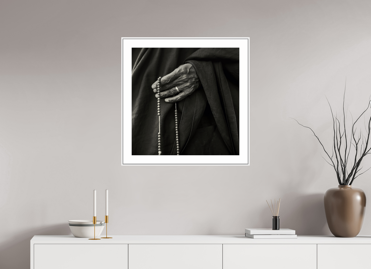 25 x 25″, White Matte Freame Tibetan Monk Hand with Prayer Beads