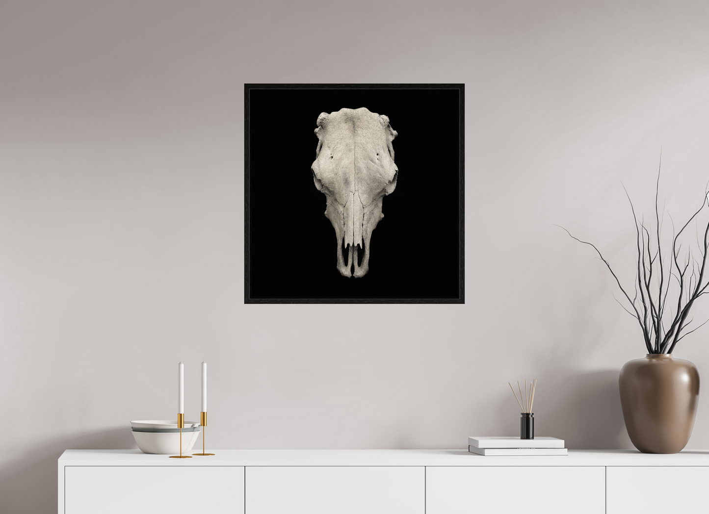 25 x 25″, Floater Frame Cow Skull