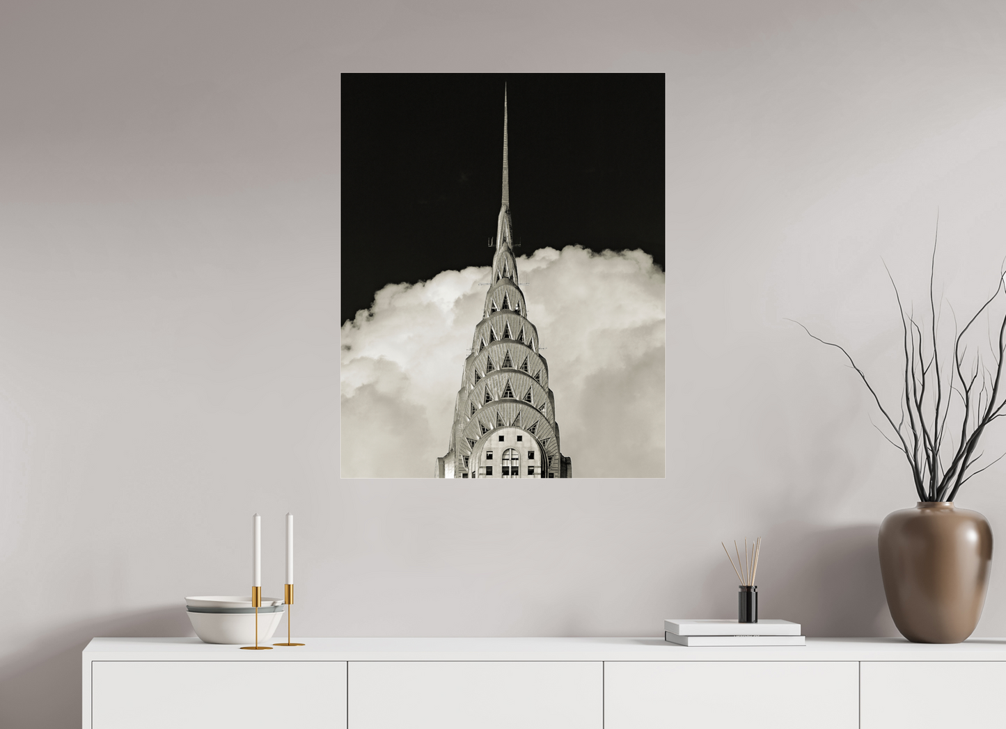 28 x 35″, Frameless Acrylic Glass Chrysler Building Against Clouds