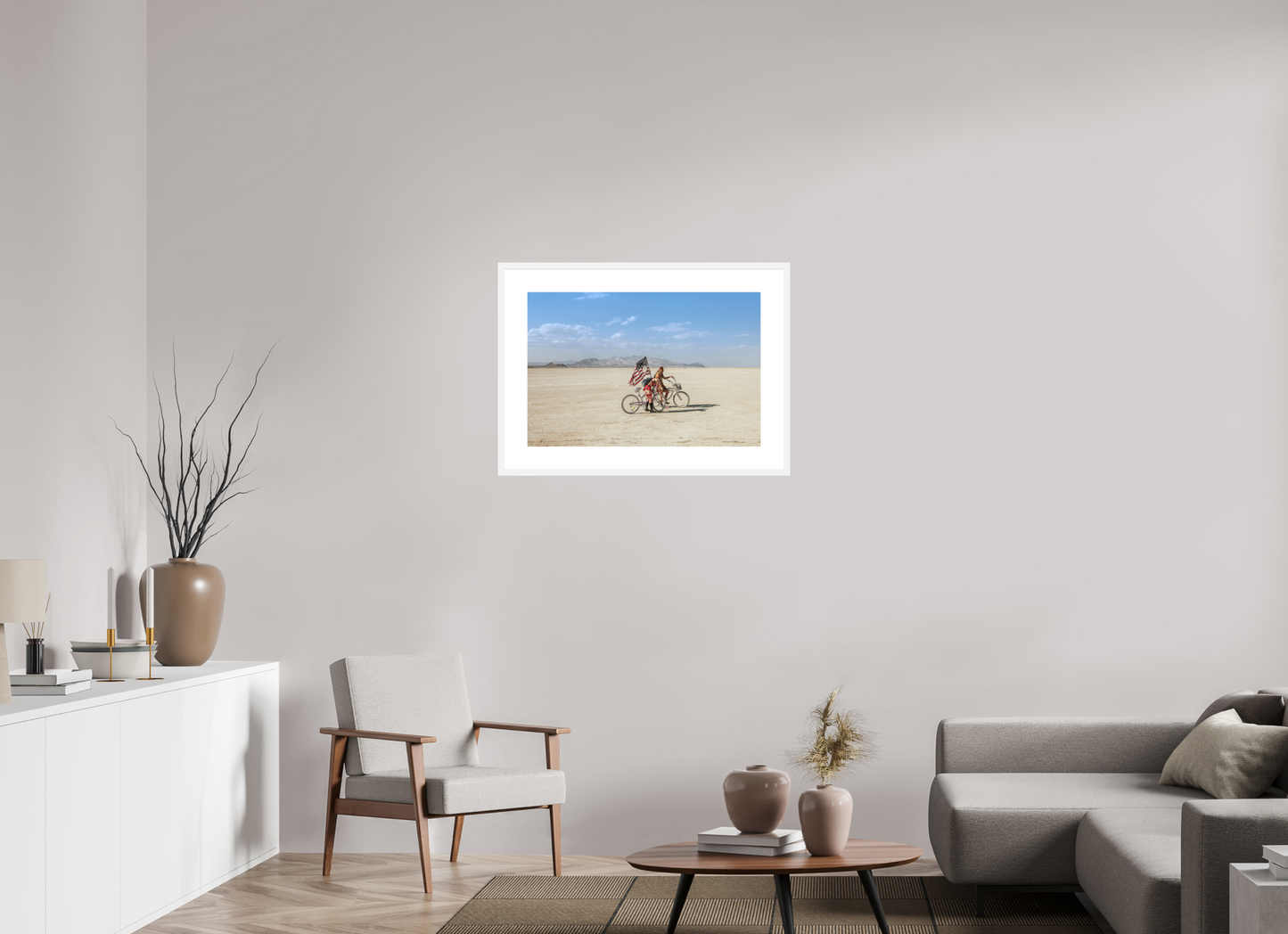 30 x 20″, Solid 0.8" White Wood Frame With 3" Natural White Passe-Partout with Museum Glass Burning Man - Two with Bikes and USA Flag