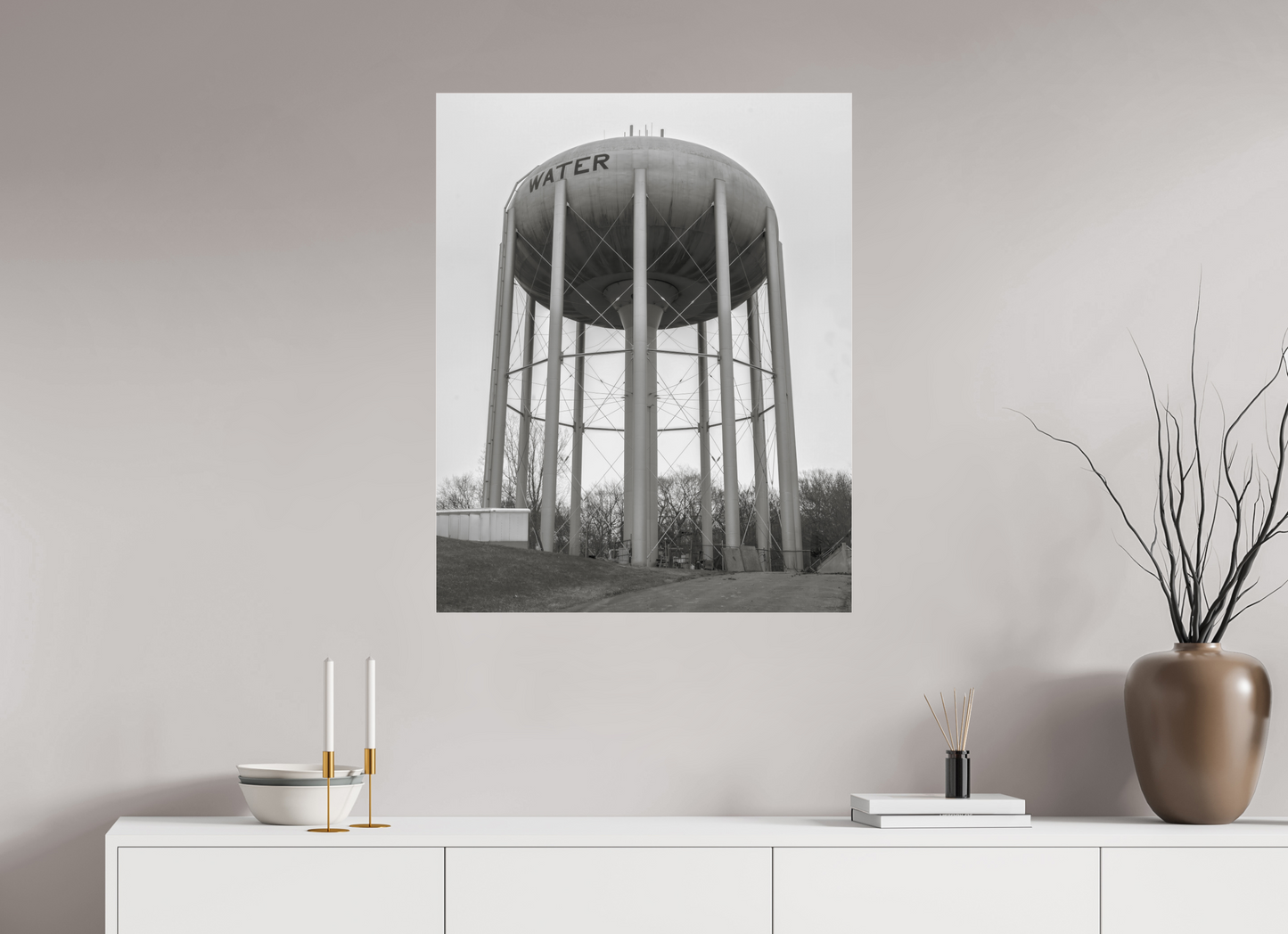 28 x 35″, Frameless Acrylic Glass Grey Water Tower