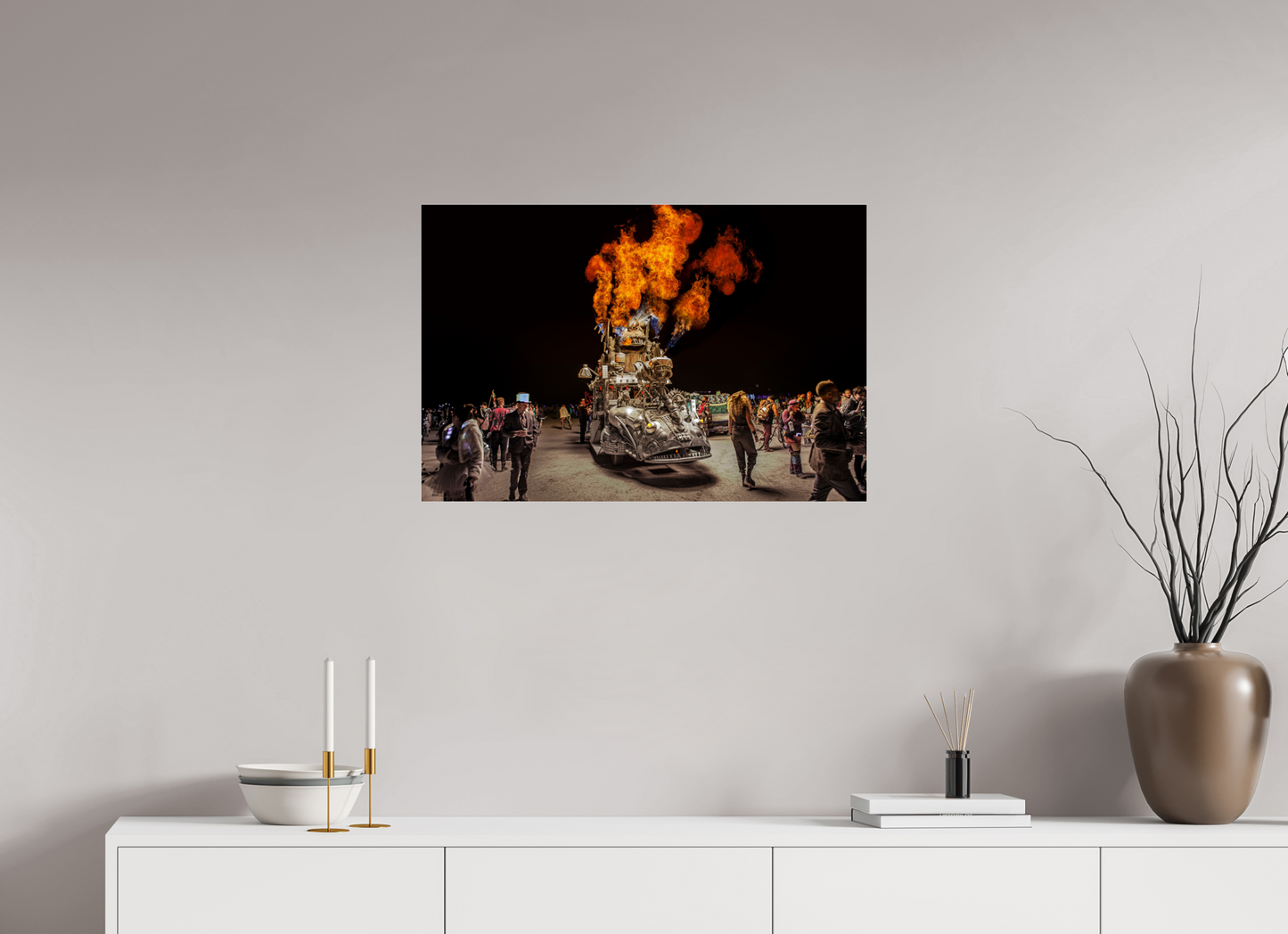 30 x 20″, Frameless Acrylic Glass Burning Man - Art Car with Flames